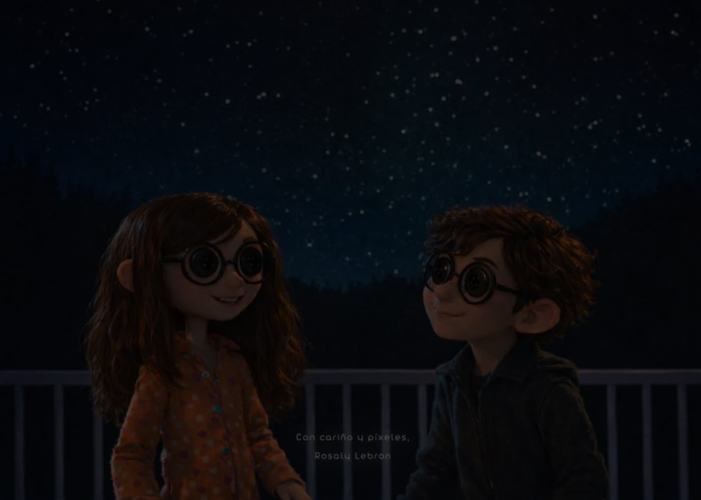 Coraline y Wybie mirando las estrellas